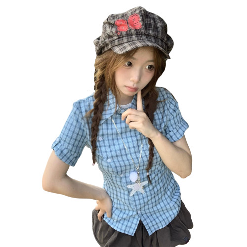 美式復古藍色格子短袖襯衫女夏季2025新款襯衣設計感小衆收腰上衣
