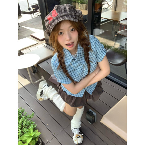 美式復古藍色格子短袖襯衫女夏季2025新款襯衣設計感小衆收腰上衣