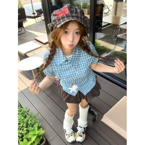 美式復古藍色格子短袖襯衫女夏季2025新款襯衣設計感小衆收腰上衣