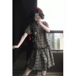 學院風寬鬆休閒運動套裝女夏季日系復古格子襯衫短袖半身裙兩件套