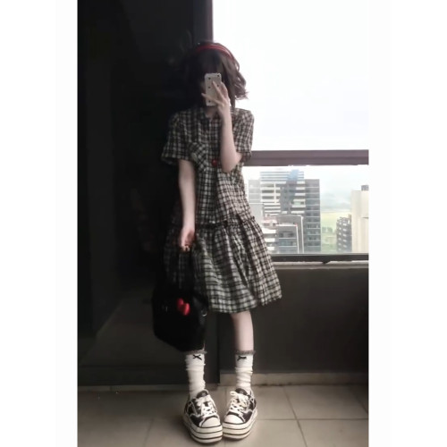 學院風寬鬆休閒運動套裝女夏季日系復古格子襯衫短袖半身裙兩件套
