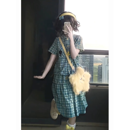 學院風寬鬆休閒運動套裝女夏季日系復古格子襯衫短袖半身裙兩件套