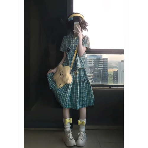 學院風寬鬆休閒運動套裝女夏季日系復古格子襯衫短袖半身裙兩件套