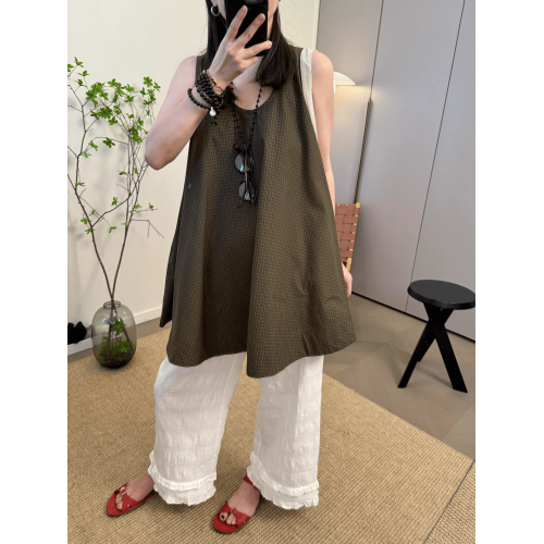 MKDesign 夏季新品進口格紋全棉立體剪裁顯瘦背心娃娃襯衫上衣