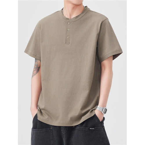 美式亨利領復古短袖t恤男潮牌夏季新款薄款寬鬆純色休閒百搭上衣 美式亨利領復古短袖t恤男潮牌夏季新款薄款寬鬆純色休閒百搭上衣