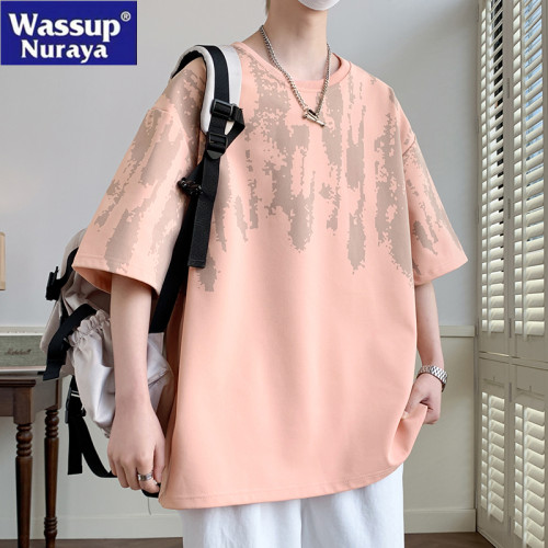 WASSUP NURAYA粉色短袖t恤男夏季設計感青年高中學生半袖百搭體恤
