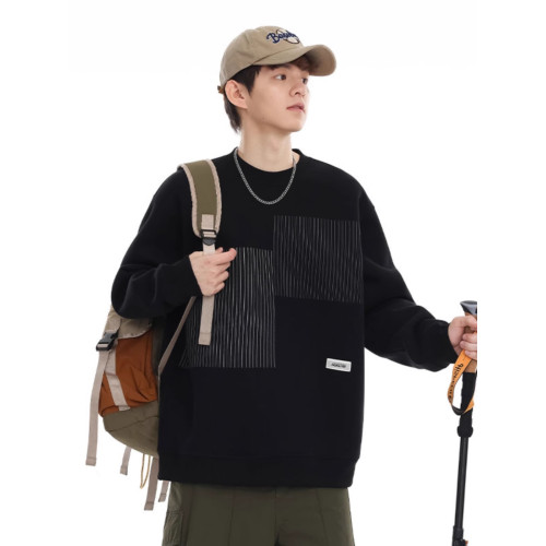 美式重磅圓領衛衣男2025春季潮牌條紋印花休閒寬鬆百搭套頭外套