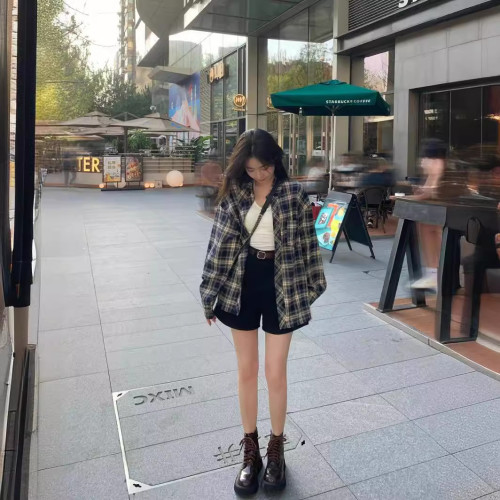 2025韓版春夏款ins寬松格子襯衫情侶新款長袖襯衣長款上衣女
