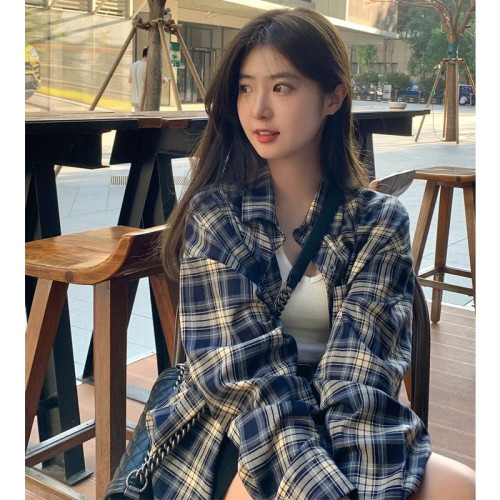 2025韓版春夏款ins寬松格子襯衫情侶新款長袖襯衣長款上衣女