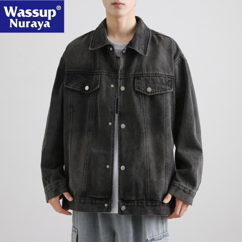 WASSUP NURAYA復古牛仔夾克男春秋翻領帥氣上衣青年寬松休閒外套