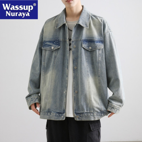 WASSUP NURAYA復古牛仔夾克男春秋翻領帥氣上衣青年寬松休閒外套