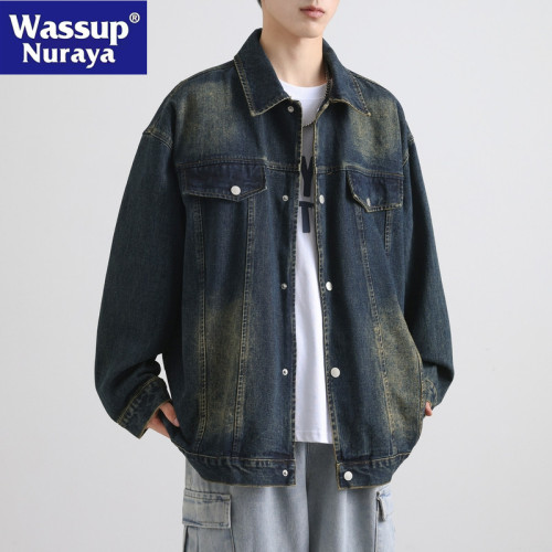 WASSUP NURAYA復古牛仔夾克男春秋翻領帥氣上衣青年寬松休閒外套