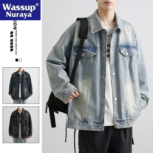WASSUP NURAYA復古牛仔夾克男春秋翻領帥氣上衣青年寬松休閒外套