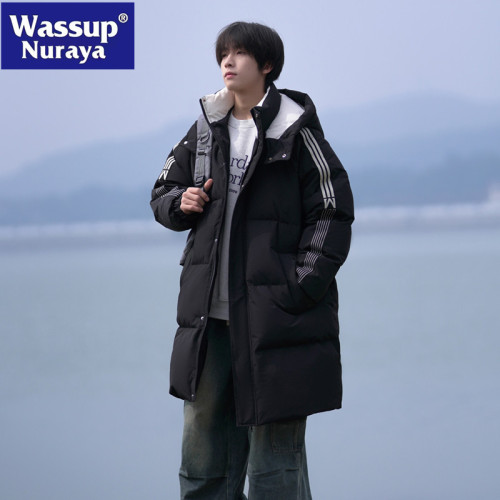 WASSUP NURAYA中長款羽絨服男情侶裝冬季連帽白鴨絨保暖防寒外套