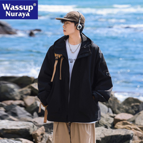 WASSUP NURAYA沖鋒衣外套男春秋百搭連帽夾克男潮牌青年港風工裝