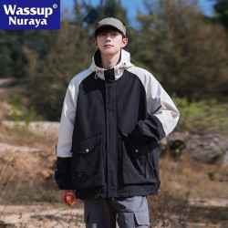 WASSUP NURAYA美式工裝連帽夾克男士春秋山系戶外拼色沖鋒衣外套