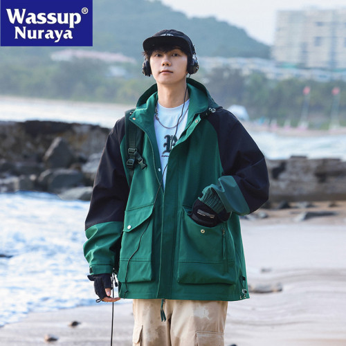 WASSUP NURAYA美式工裝連帽夾克男士春秋山系戶外拼色沖鋒衣外套