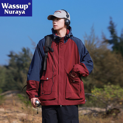 WASSUP NURAYA美式工裝連帽夾克男士春秋山系戶外拼色沖鋒衣外套