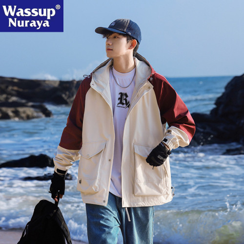 WASSUP NURAYA美式工裝連帽夾克男士春秋山系戶外拼色沖鋒衣外套