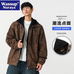 WASSUP NURAYA美式復古假兩件皮衣夾克男士春秋寬松休閒防風外套