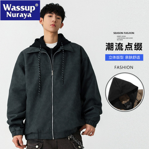 WASSUP NURAYA美式復古假兩件皮衣夾克男士春秋寬松休閒防風外套