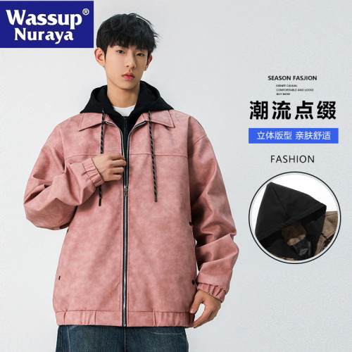 WASSUP NURAYA美式復古假兩件皮衣夾克男士春秋寬松休閒防風外套