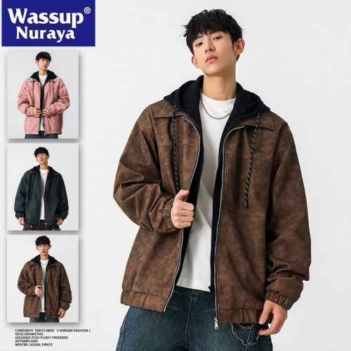 WASSUP NURAYA美式復古假兩件皮衣夾克男士春秋寬松休閒防風外套