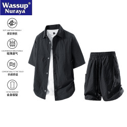 WASSUP Nuraya潮牌夏季男痞帥寬松休閒工裝短袖襯衫短褲兩件套裝