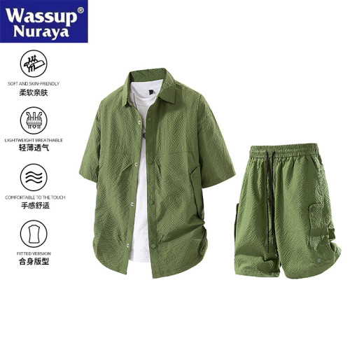 WASSUP Nuraya潮牌夏季男痞帥寬松休閒工裝短袖襯衫短褲兩件套裝
