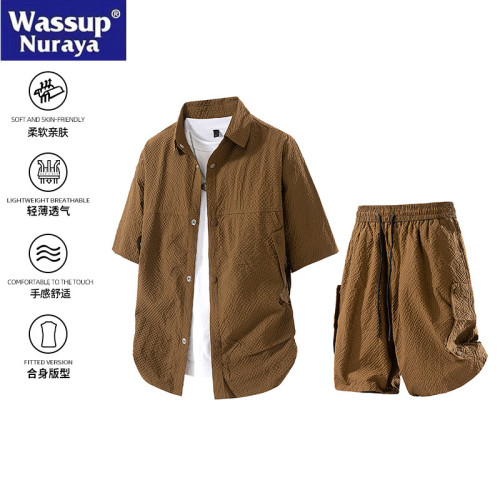 WASSUP Nuraya潮牌夏季男痞帥寬松休閒工裝短袖襯衫短褲兩件套裝