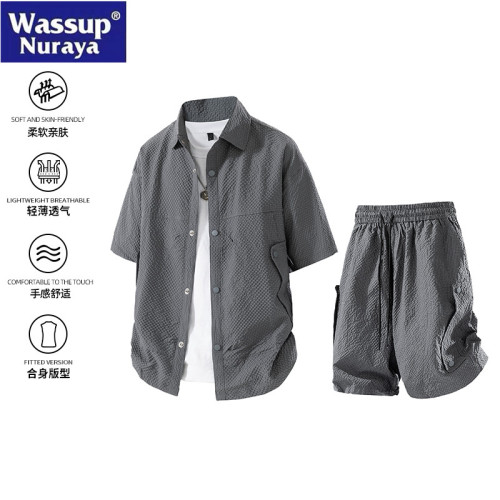 WASSUP Nuraya潮牌夏季男痞帥寬松休閒工裝短袖襯衫短褲兩件套裝