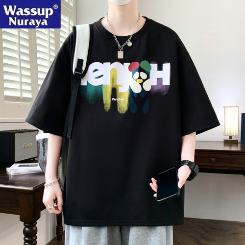 WASSUP NURAYA夏季男士短袖t恤潮流休閒寬松多彩植絨印花大碼半袖