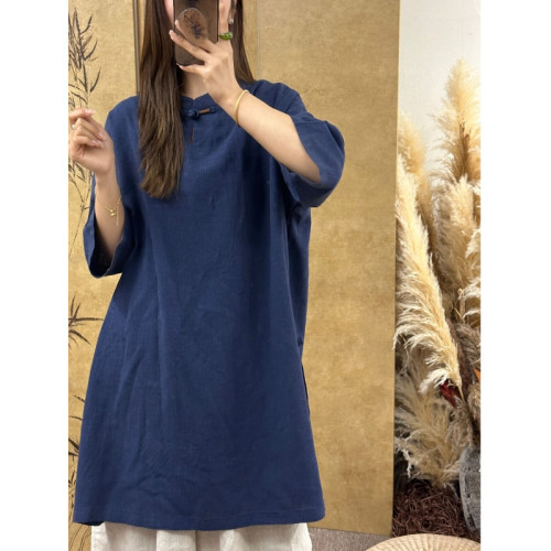 束心新中式女裝夏裝新款復古立領盤釦五分袖襯衫女亞麻中長款上衣