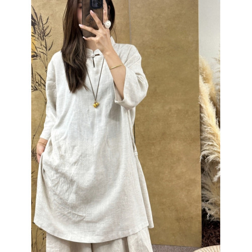 束心新中式女裝夏裝新款復古立領盤釦五分袖襯衫女亞麻中長款上衣