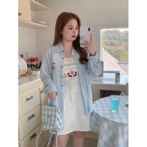 辣條大碼女裝 清新條紋綁帶肌理感藍色襯衣女款2025新款吊帶套裝