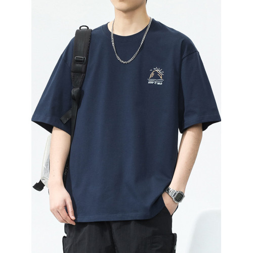 美式重磅短袖T恤男2025夏季寬松純棉潮牌藏青色刺綉圓領半袖衣服