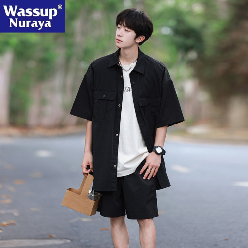WASSUP NURAYA日系工裝短袖襯衫套裝男士夏季休閒短褲襯衣兩件套