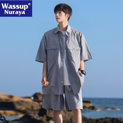 WASSUP NURAYA日系工裝短袖襯衫套裝男士夏季休閒短褲襯衣兩件套