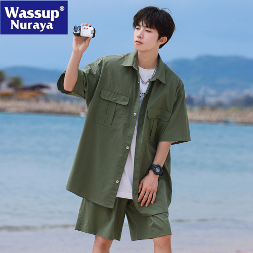 WASSUP NURAYA日系工裝短袖襯衫套裝男士夏季休閒短褲襯衣兩件套