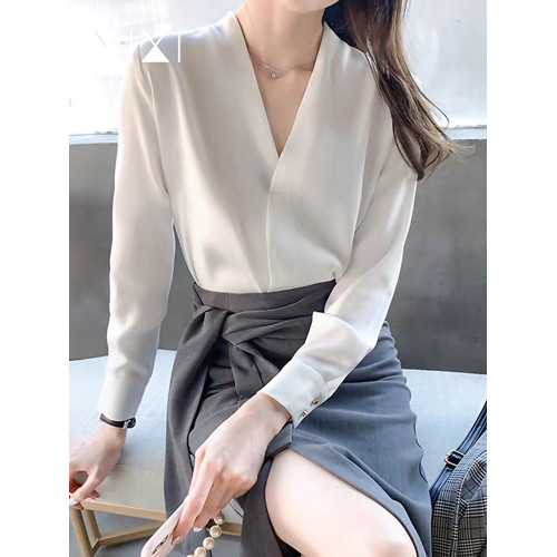 雪紡v領襯衫女正裝2025新款高級感職業上衣西裝內搭打底白色襯衣