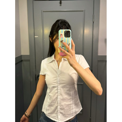 elfin girl 夏款白色短袖襯衣收腰顯瘦休閒polo單排釦襯衫上衣女
