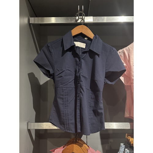 elfin girl 夏款白色短袖襯衣收腰顯瘦休閒polo單排釦襯衫上衣女