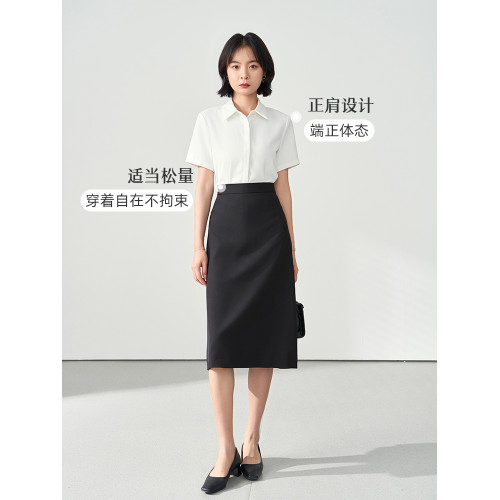 伯德小姐藍色短袖襯衫女裝夏季公考面試正裝職業穿搭正肩雪紡襯衣