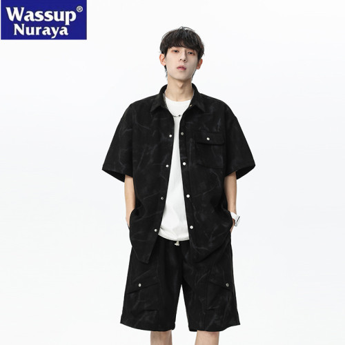 WASSUP NURAYA夏季男士短袖襯衫兩件套裝美式寬鬆運動短褲一整套