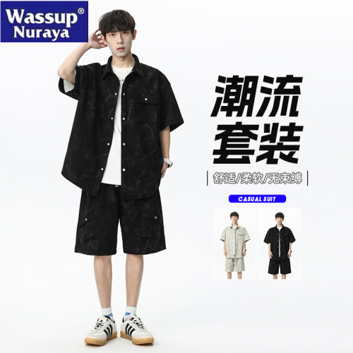 WASSUP NURAYA夏季男士短袖襯衫兩件套裝美式寬鬆運動短褲一整套