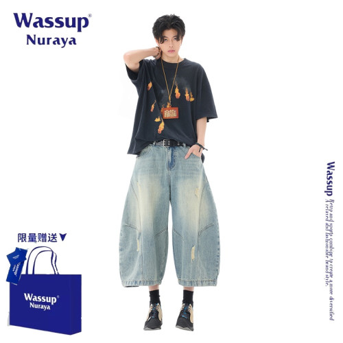 WASSUP NURAYA美式復古水洗做舊牛仔褲男夏季新款寬松七分彎刀褲