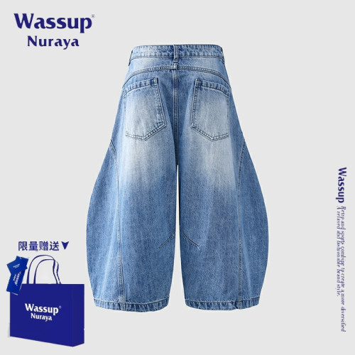WASSUP NURAYA美式復古水洗做舊牛仔褲男夏季新款寬松七分彎刀褲