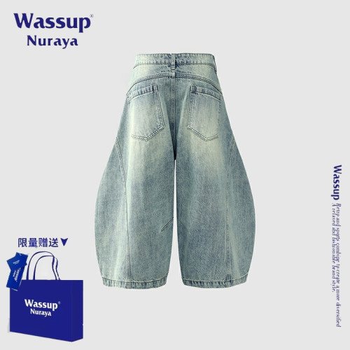 WASSUP NURAYA美式復古水洗做舊牛仔褲男夏季新款寬松七分彎刀褲