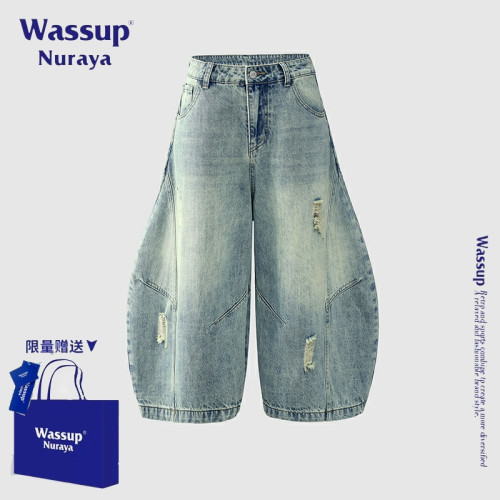 WASSUP NURAYA美式復古水洗做舊牛仔褲男夏季新款寬松七分彎刀褲