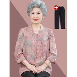 奶奶夏裝中袖襯衫女中老年人唐裝高檔老年媽媽夏季套裝老太太上衣